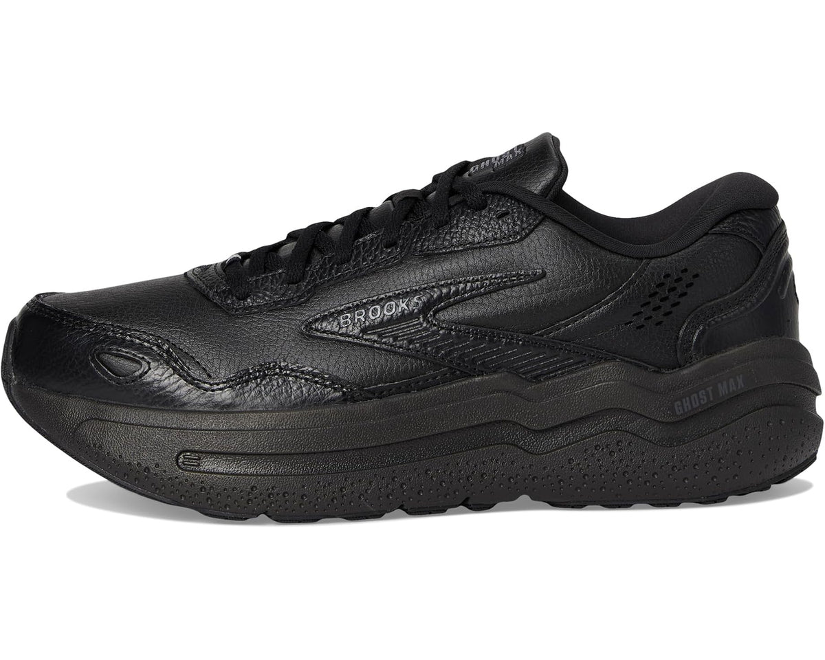 Black leather Brooks Ghost Max running shoes, lace-up upper with textured overlays