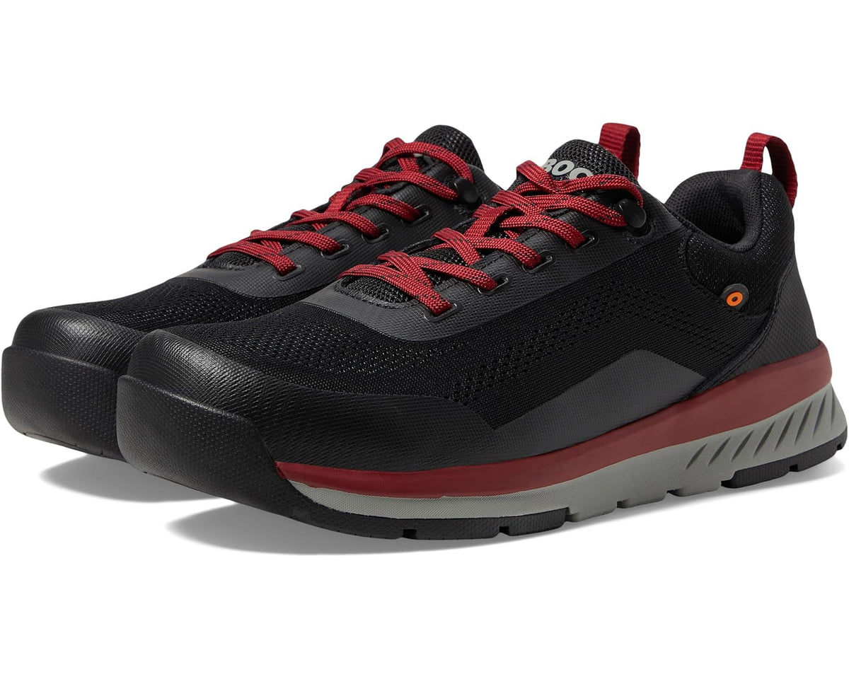 Men's black knit low sneakers with red laces and cushioned sole