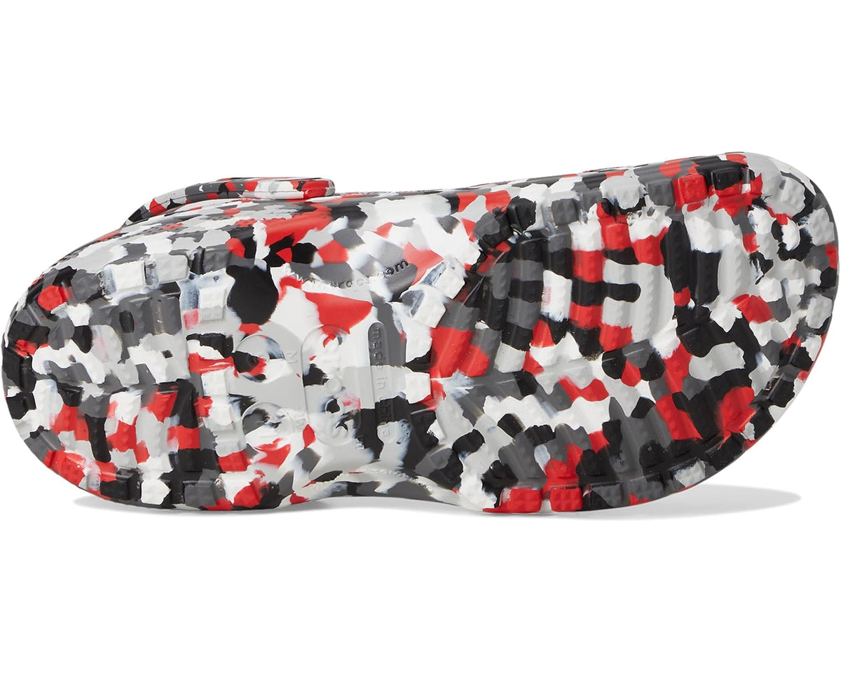 Crocs unisex graphic clogs, treaded outsole view, white black red camo