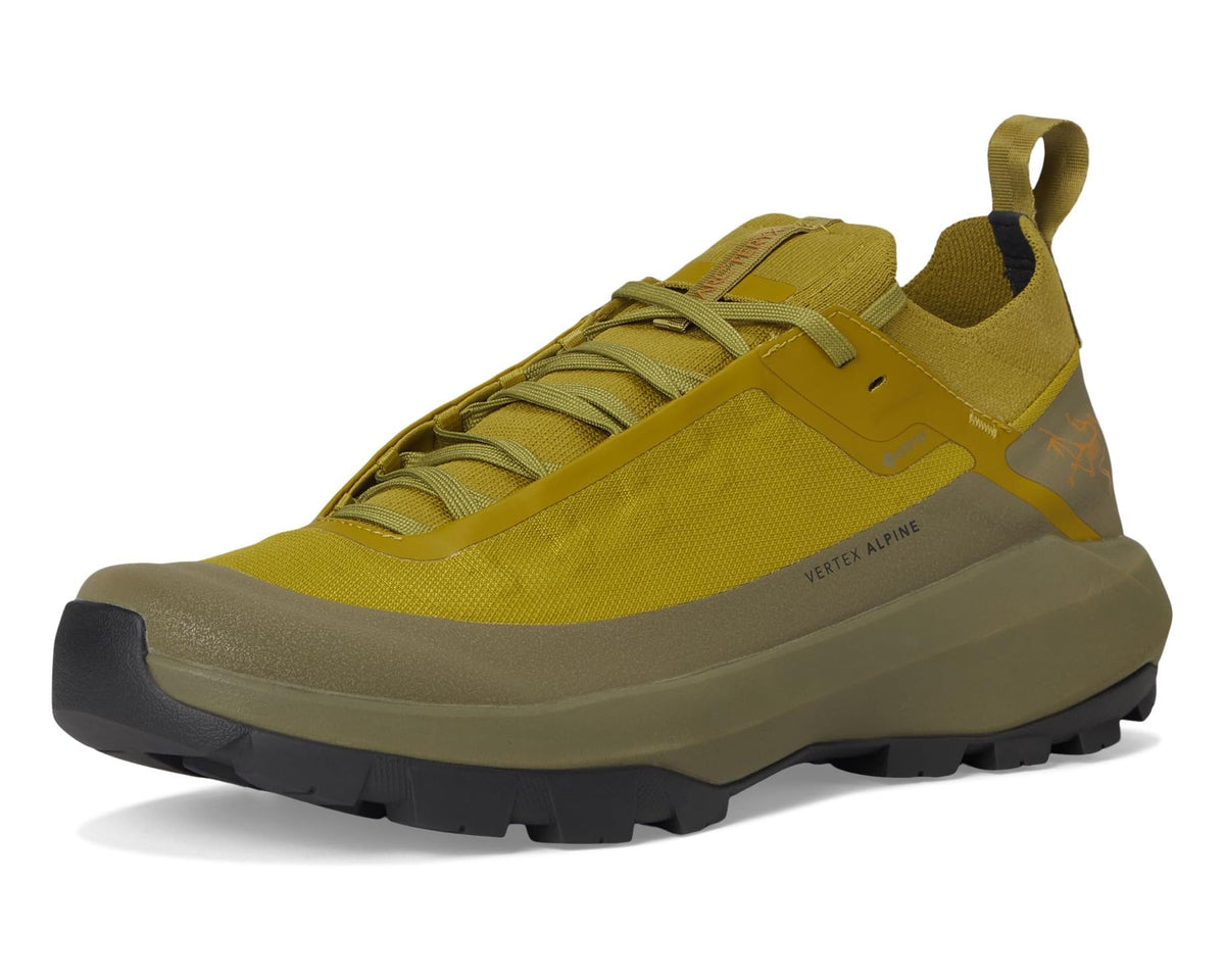 Men's olive moss lace-up hiking shoe with thick outsole and rear pull loop