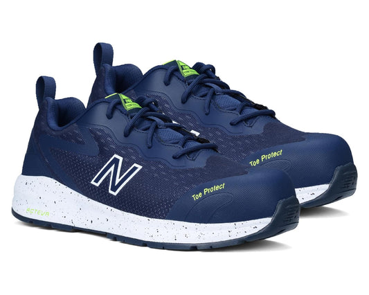 Men's navy lace-up work shoes with lime accents, composite toe, New Balance logo