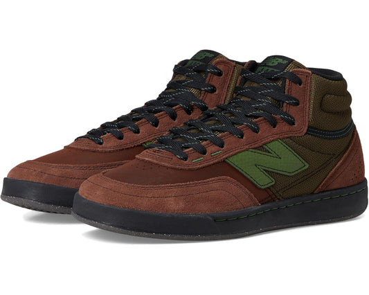 New Balance Numeric 440 v2 high-top skate shoes, brown/olive uppers, black laces