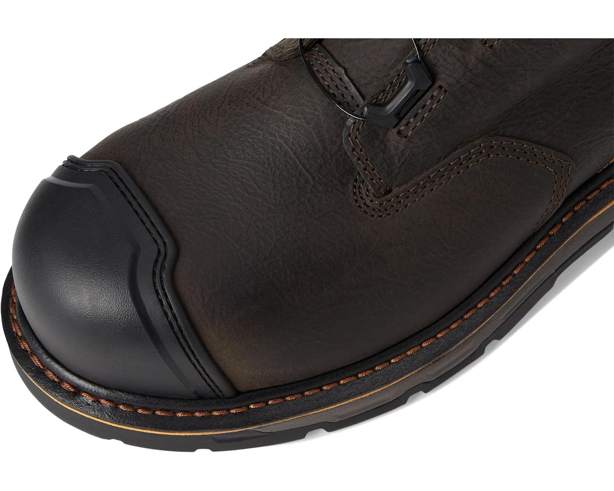 Work boot upper and toe with BOA dial, textured leather, and orange stitching