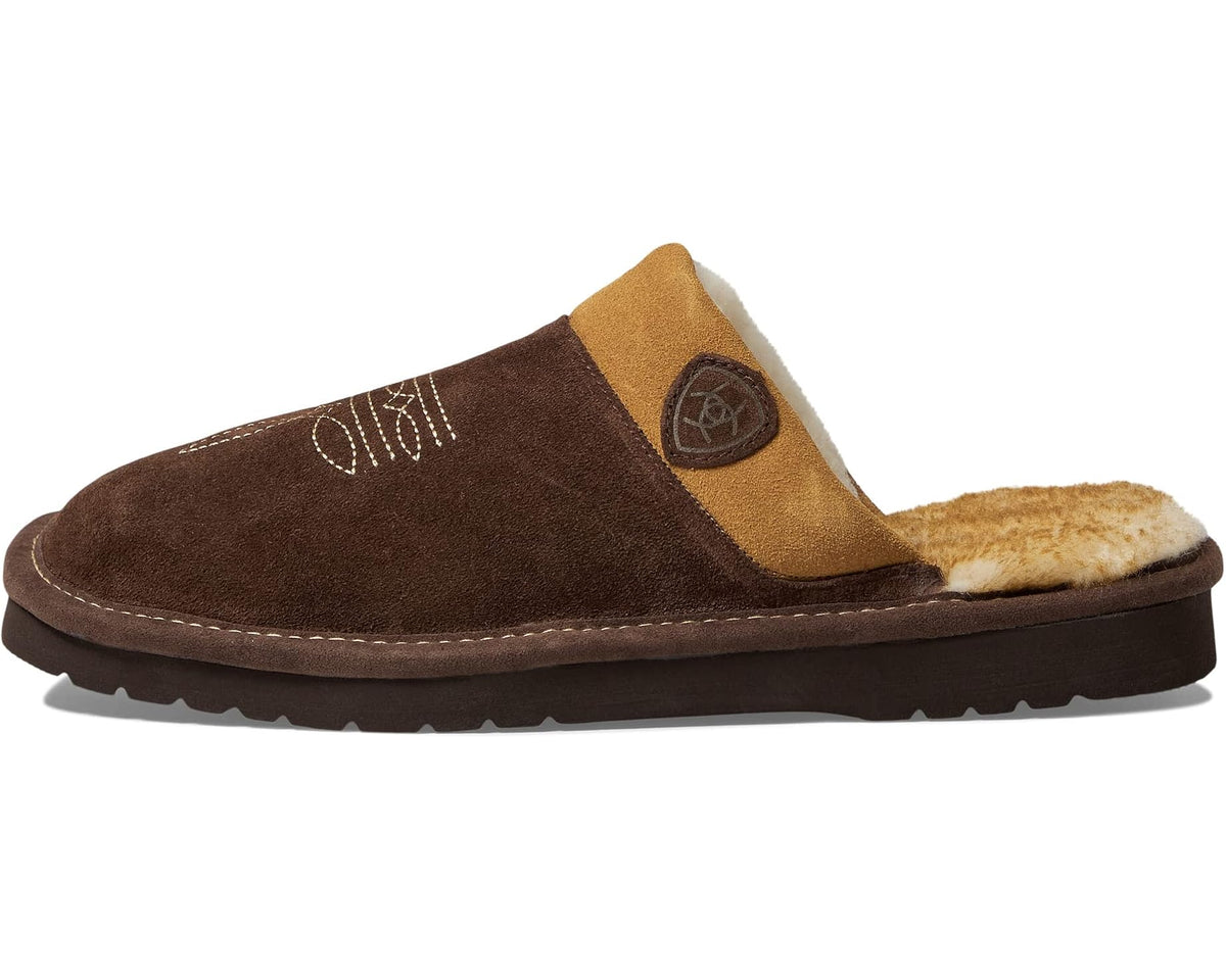 Square-toe suede slip-on slippers with brown upper, tan strap, and fur trim