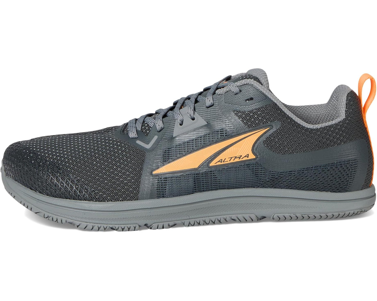 Men's dark gray running shoe with orange side panel and lace-up mesh upper