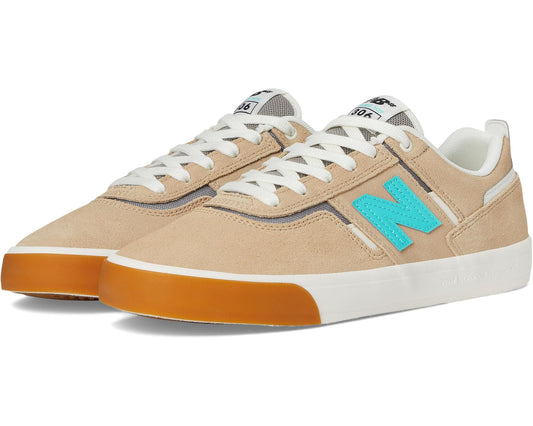 Men's New Balance Numeric 306 suede sneakers, tan with turquoise logo, white laces