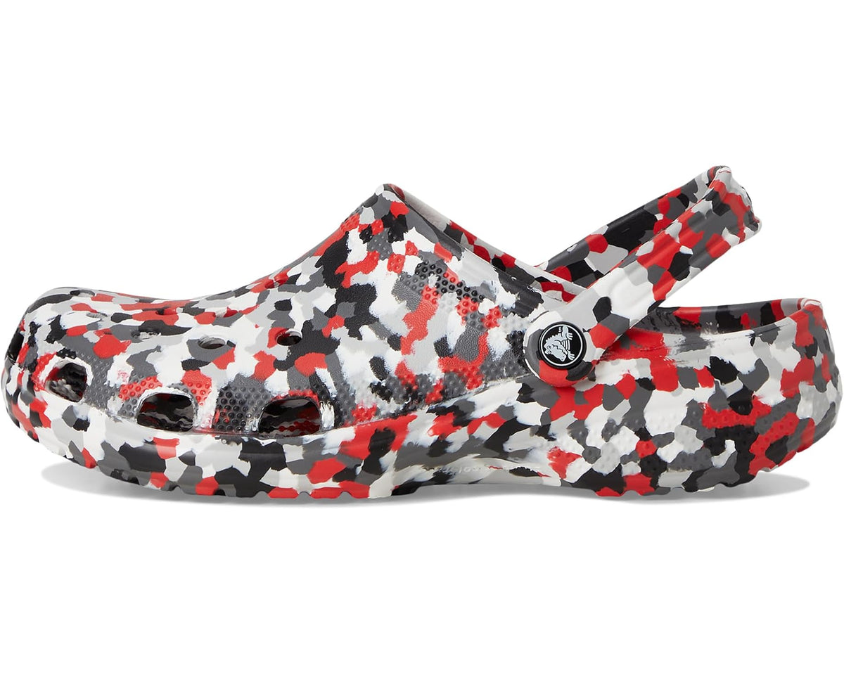 Crocs unisex graphic clogs, front view, white black red camo print