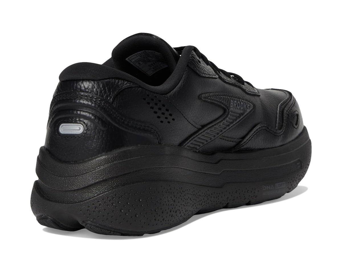 Black leather Brooks Ghost Max running shoes, rear heel view with padded collar