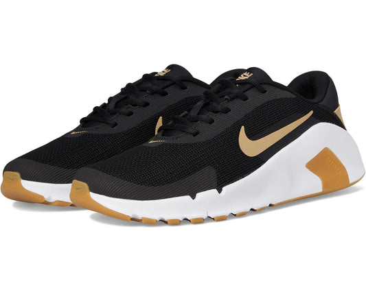 Nike Flex Train training shoes in black mesh with gold swoosh and white midsole