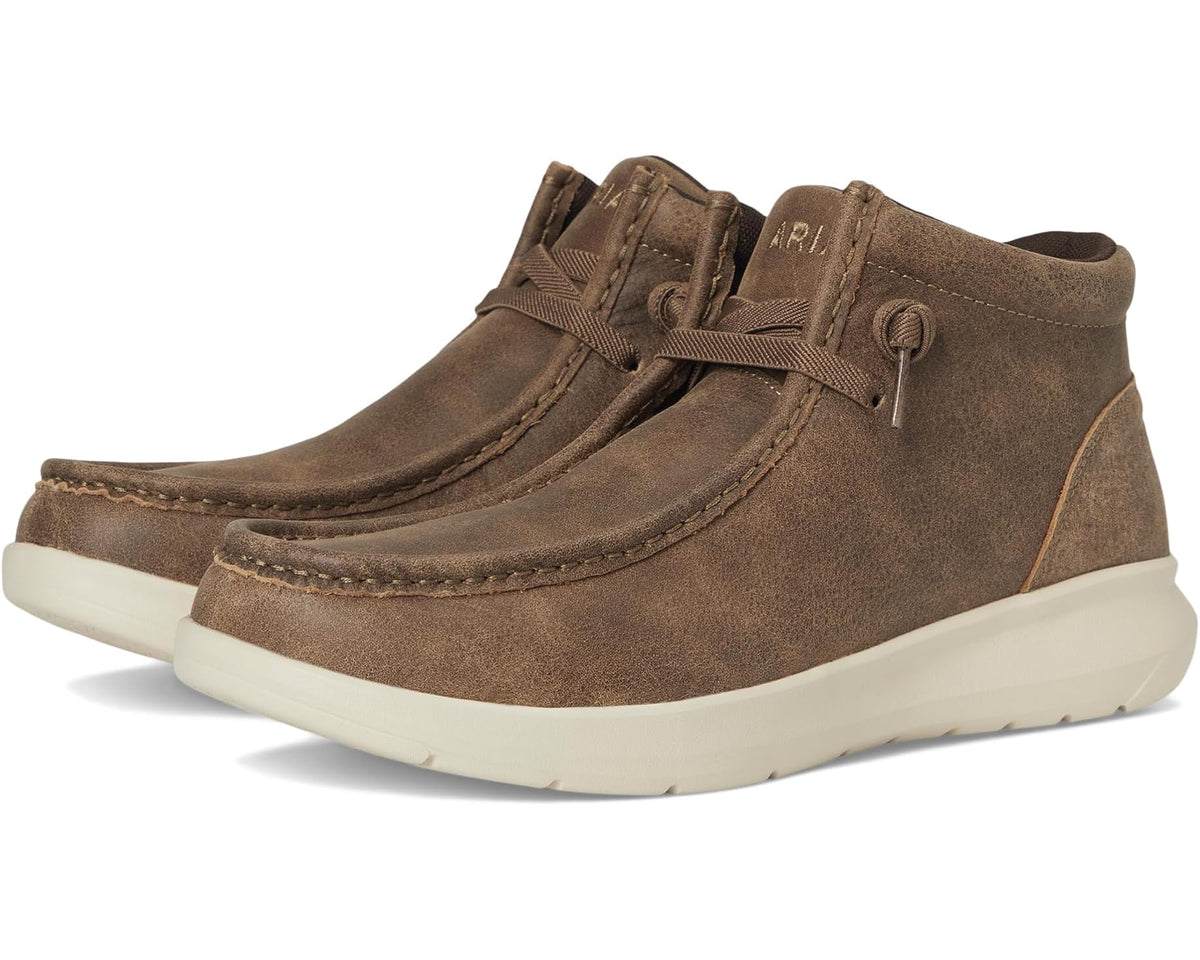 Men's Ariat mid-top suede chukka boot, brown with lace-up collar and white sole