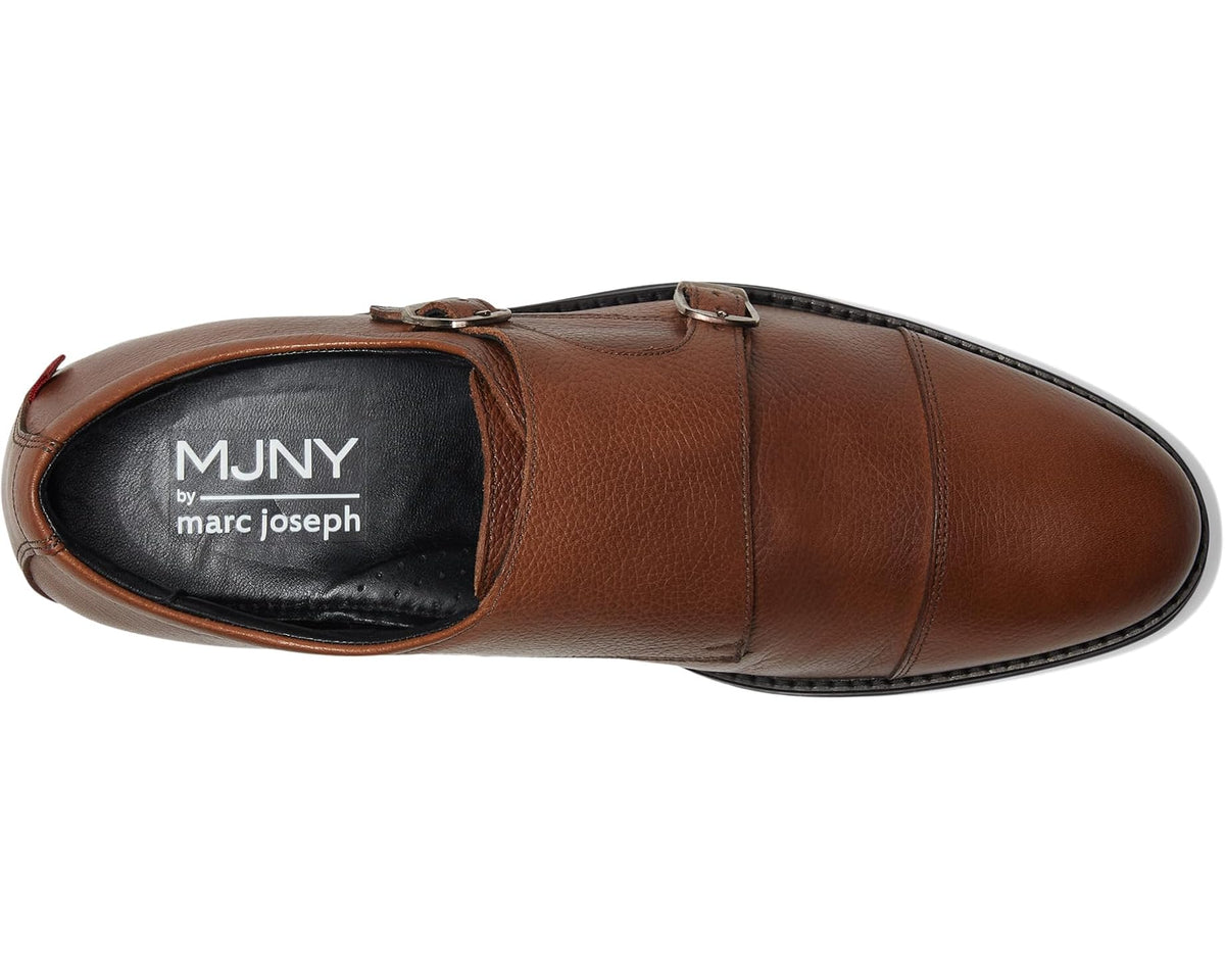 Men's cognac leather monk strap shoes, side view with buckle closure
