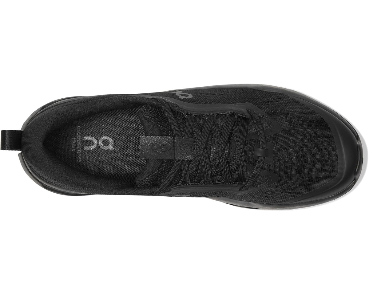 Black lace-up shoe showing padded collar, textured upper, and inner lining