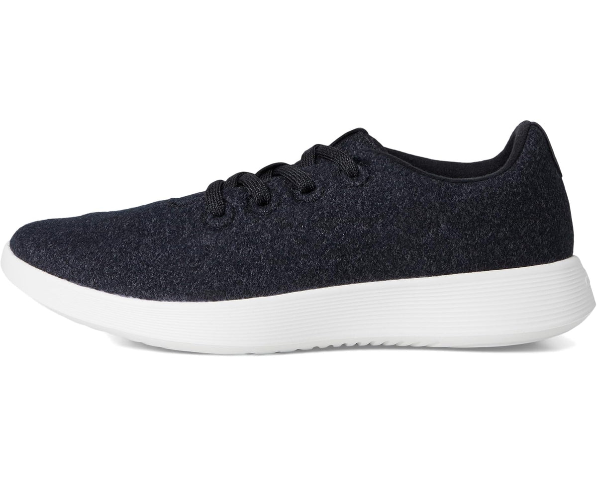 Allbirds wool runner sneakers, dark textured upper, lace-up, white midsole