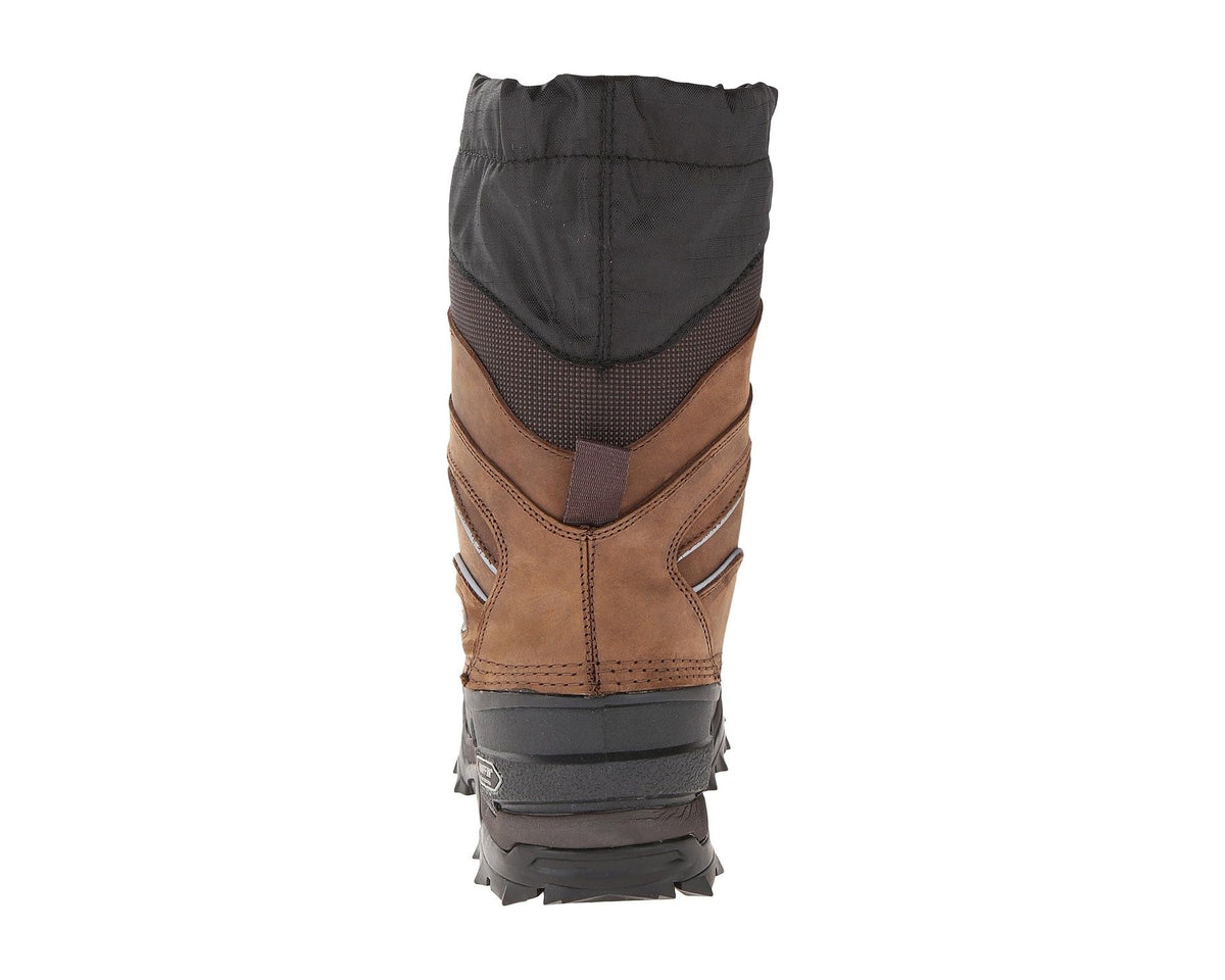Worn brown and black heel boot with rear pull tab and protective rubber sole