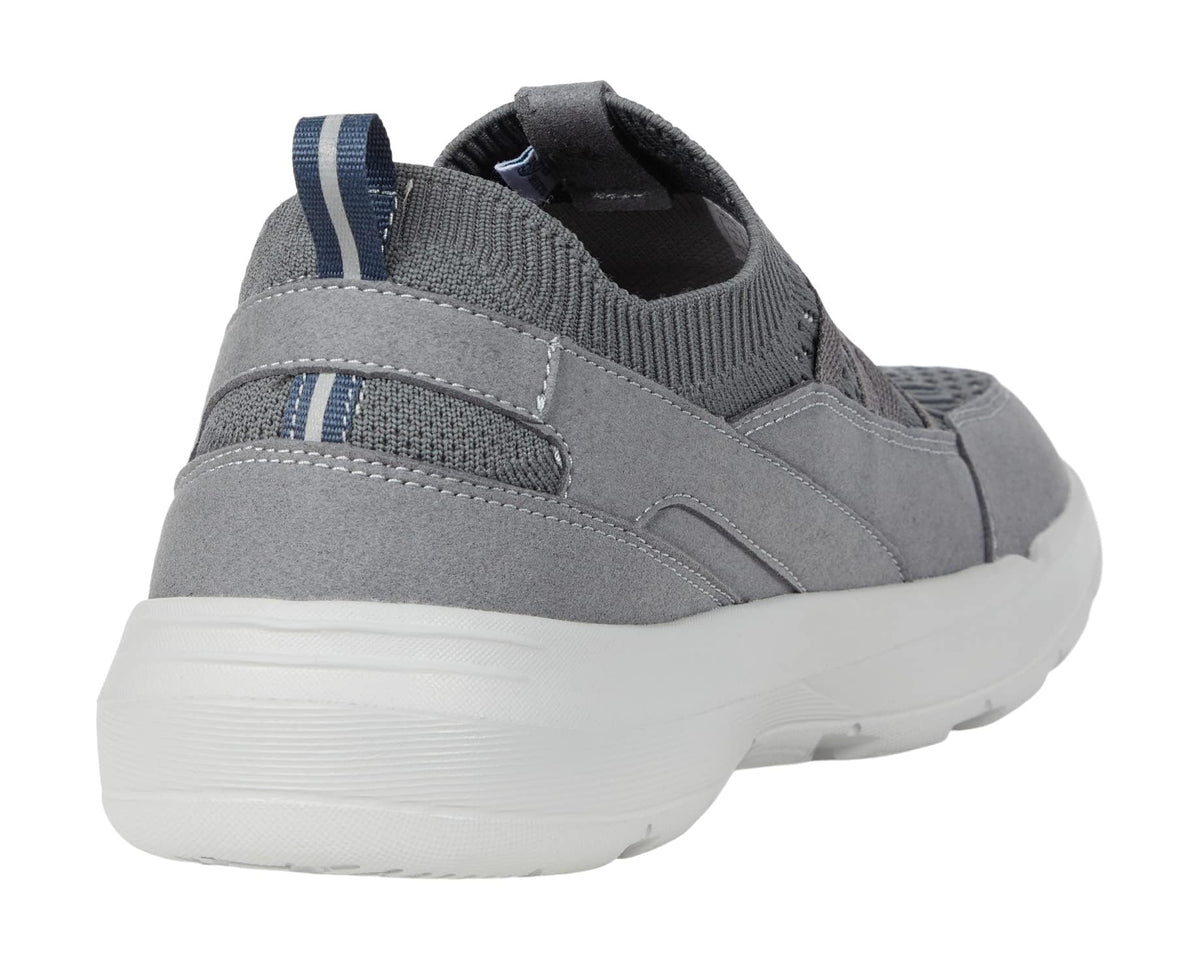 Steel grey athletic sneaker heel with pull tab and padded collar
