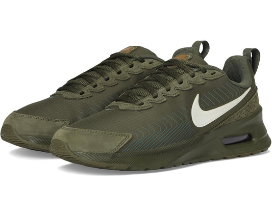 Men's Nike Air Max Nuaxis cargo olive sneakers, lace-up, white Swoosh, cushioned sole.
