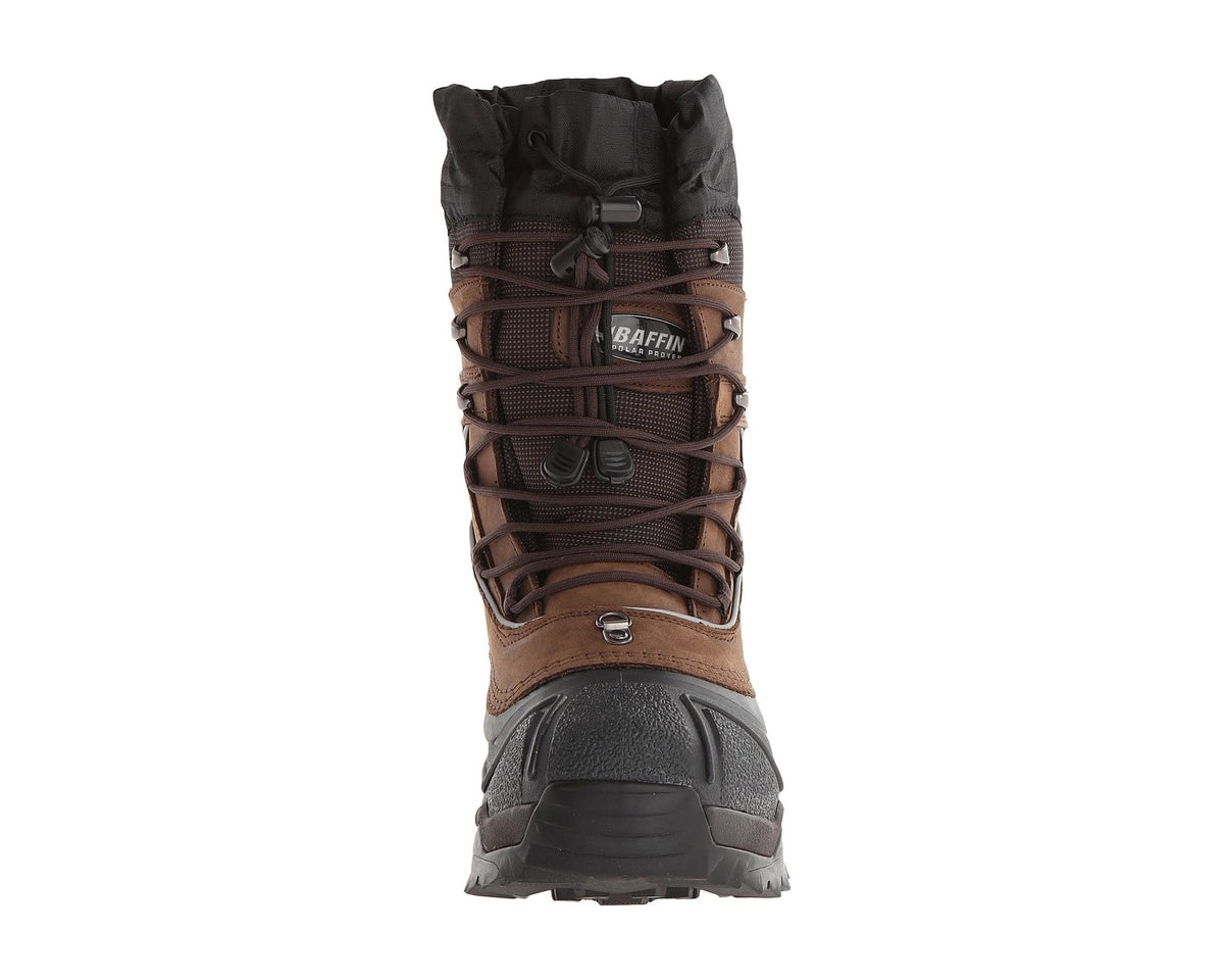 Men's winter boot back view, worn brown laces with black padded cuff and sole