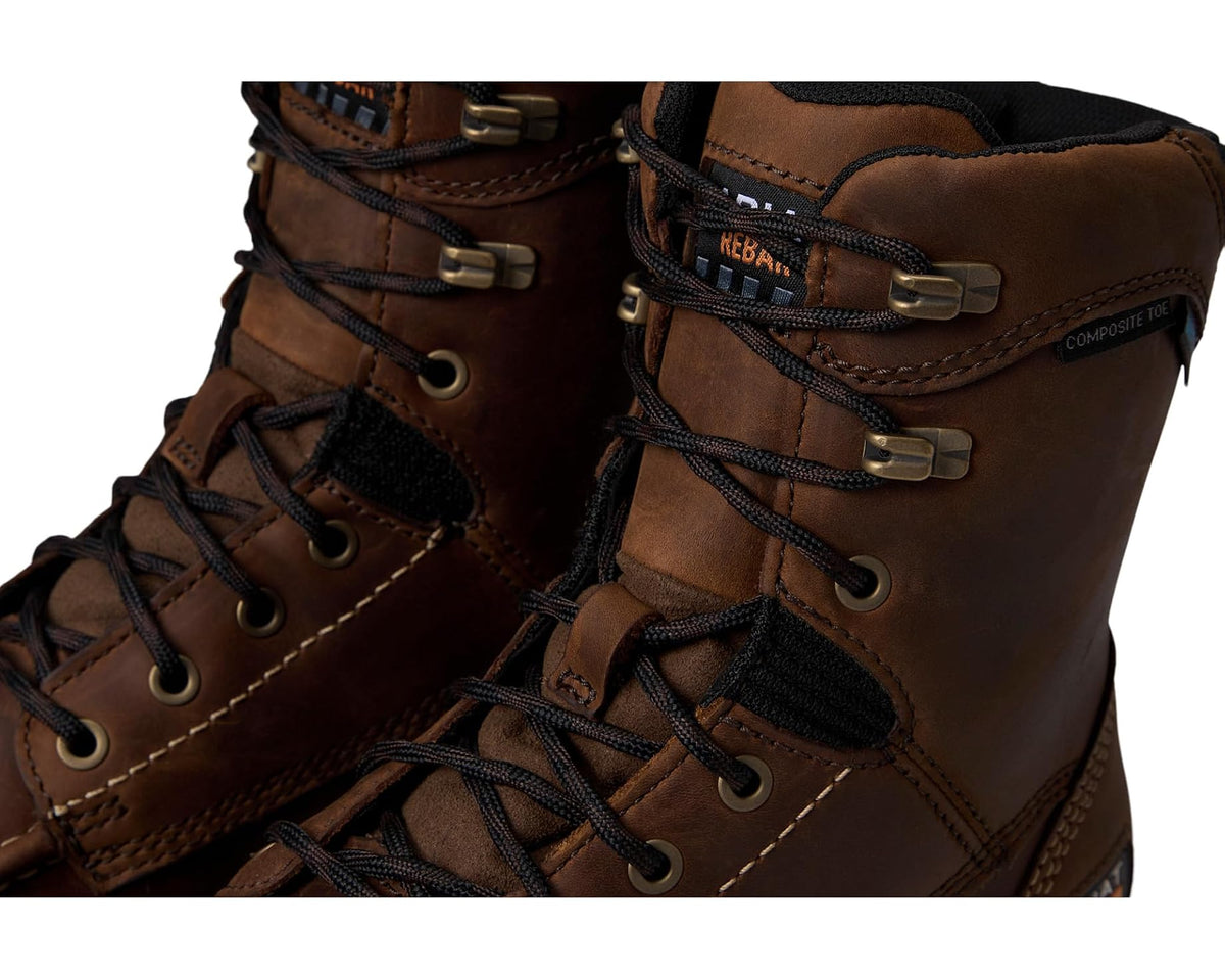 Brown work boot close-up of laces, hardware buckles, and Rebar patch