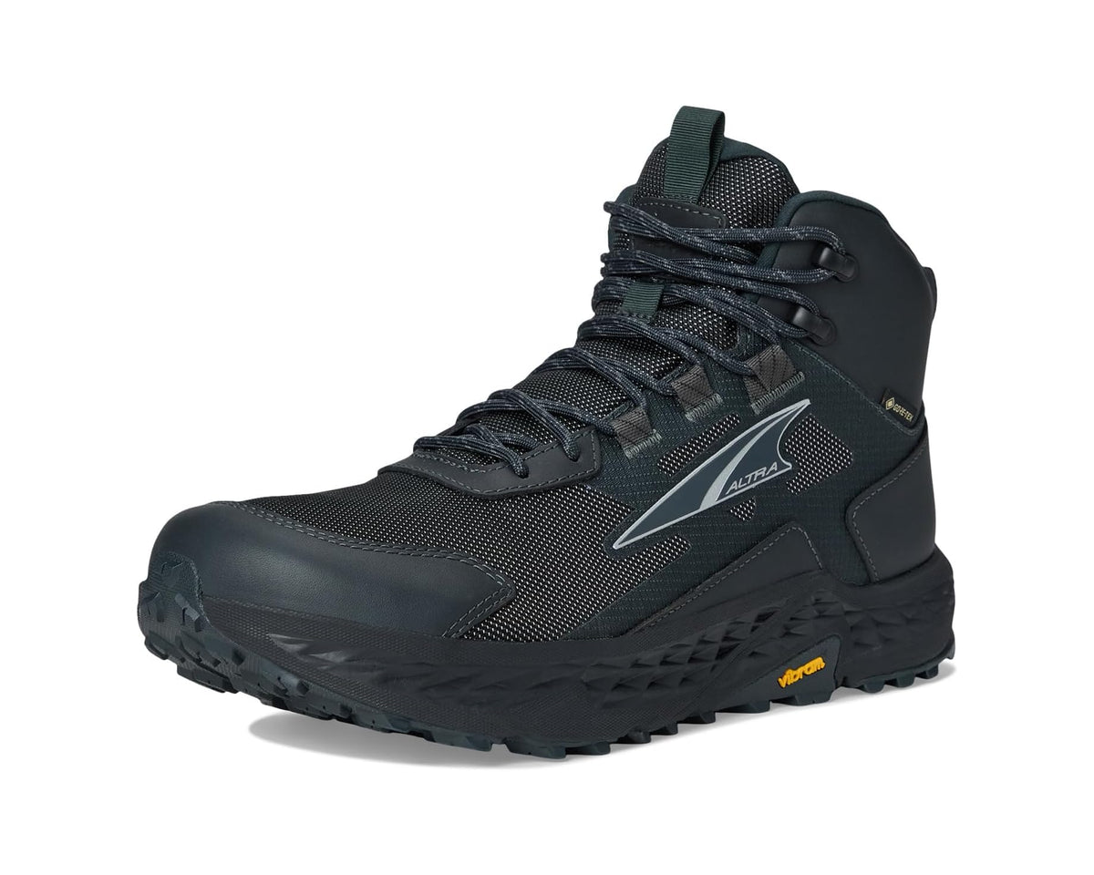 Black mid-top hiking boot profile with lace-up closure and chunky tread sole