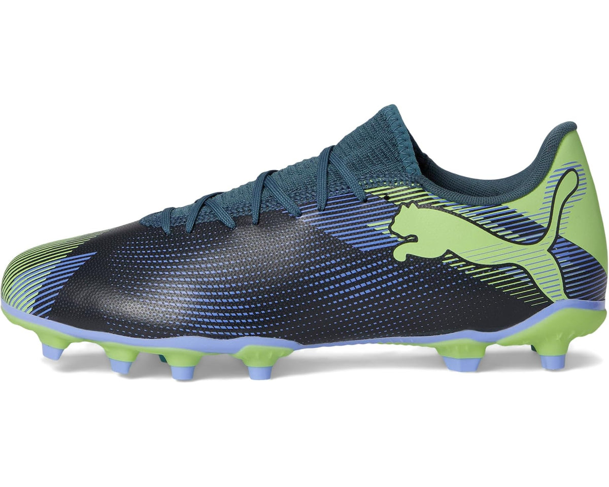 PUMA men's soccer cleats, dark blue upper with neon green PUMA logo and stripes