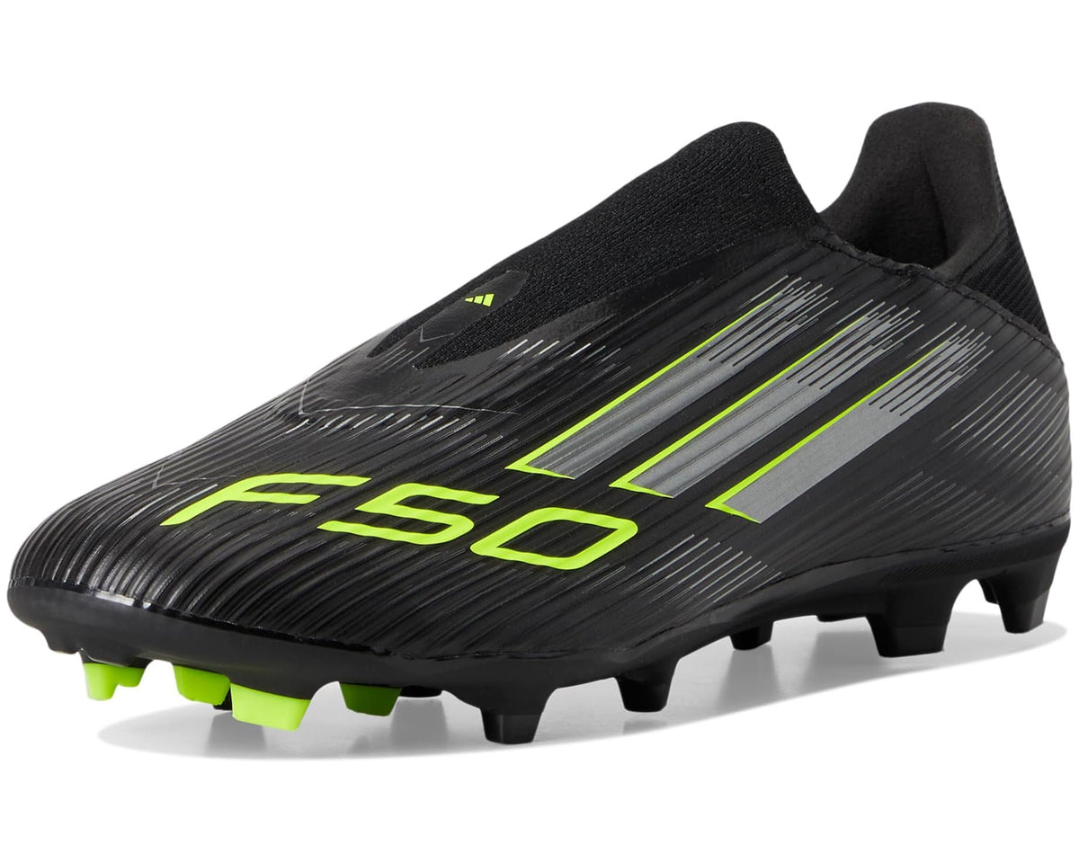 Unisex adidas F50 League Laceless Firm Ground Soccer Cleats Black/Iron Metallic/Lucid Lemon