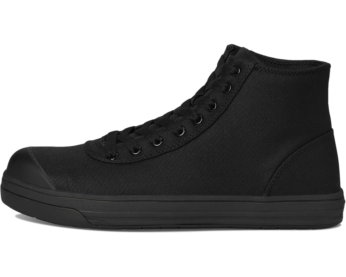 Men's black high-top work boot with lace-up and side panel detail