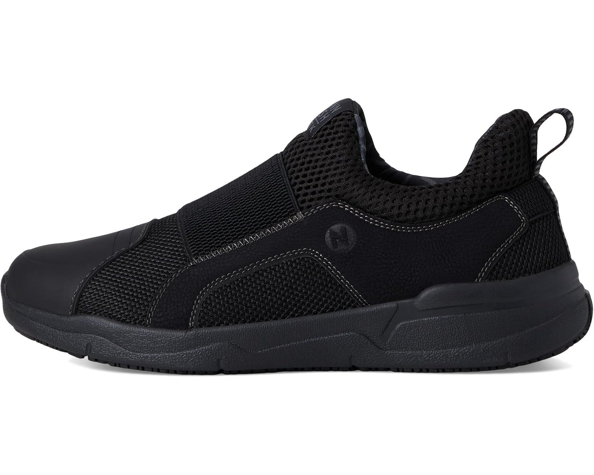 Black slip-on work sneaker with elastic side panels and pull tab