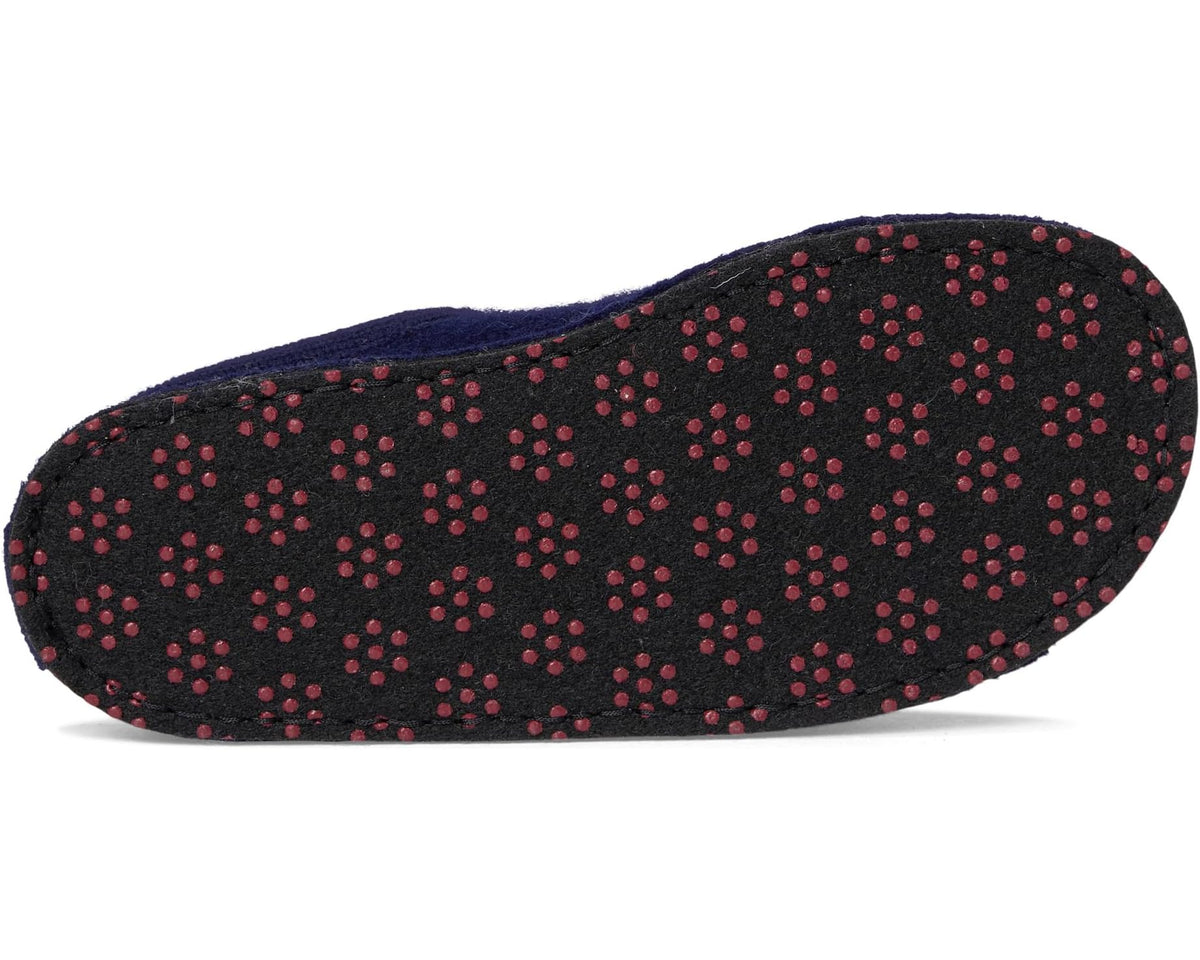 Sole view of blue slippers with red paw-dot traction pattern