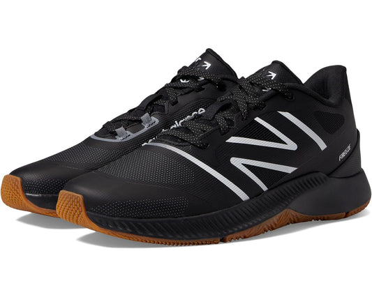 Men's New Balance Freezelx V4 box lacrosse cleats, black with white logos and gum outsole