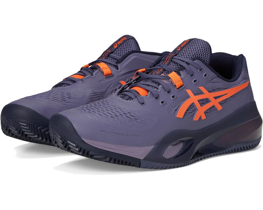 ASICS men's tennis shoe, greyish purple with orange accents and clay sole