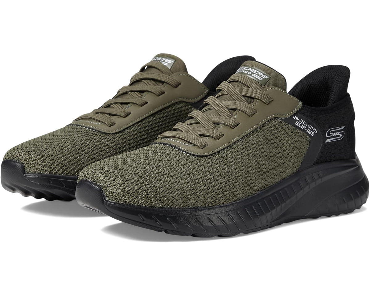 Men's olive knit slip-on sneakers with black collar and padded tongue