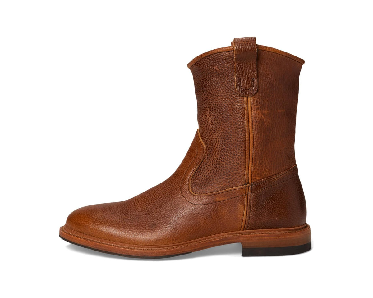 Brown leather pull-on ankle boot with side seam and back pull tab