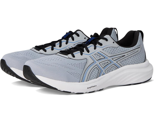 Men's ASICS running shoe in grey, black, and blue with lace-up front.