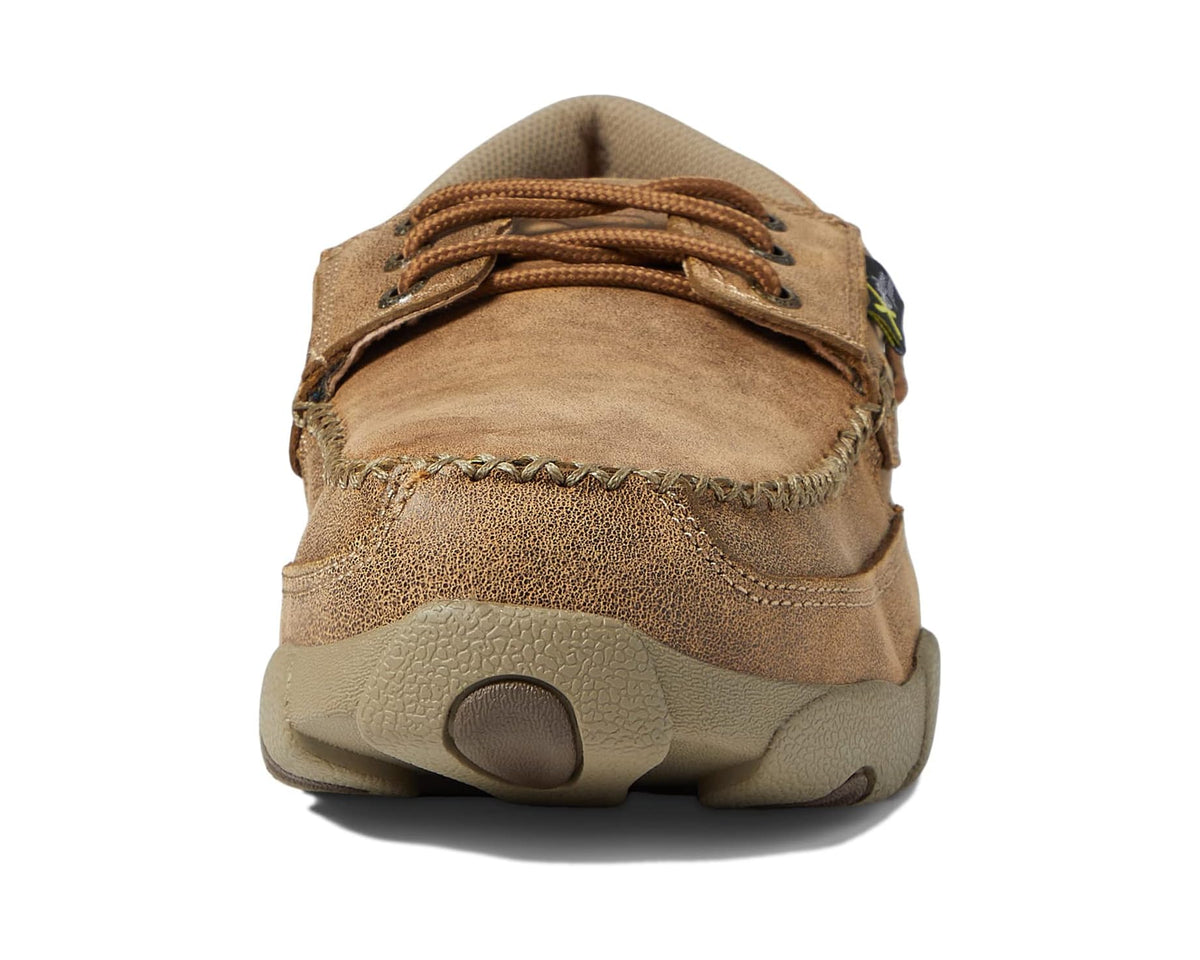 Men's Twisted X work shoe toe view, tan suede lace-up with stitched seams