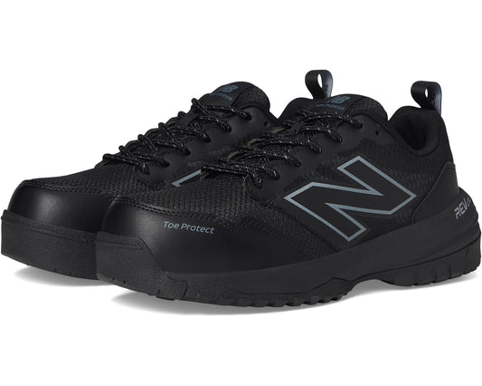 Black New Balance safety-toe work sneaker, lace-up with side N logo
