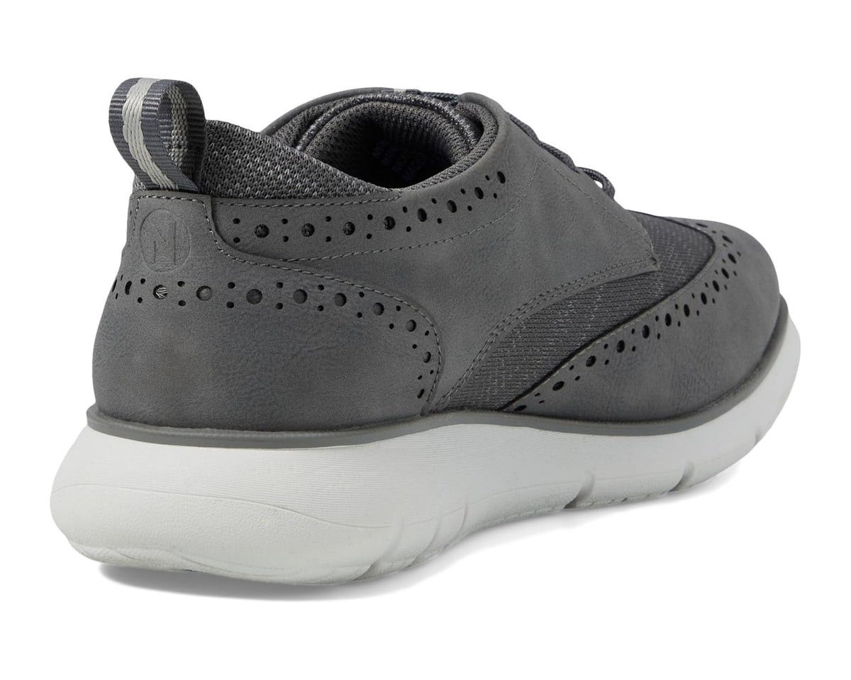 Gray lace-up sneaker heel with cushioned collar and perforated side panels