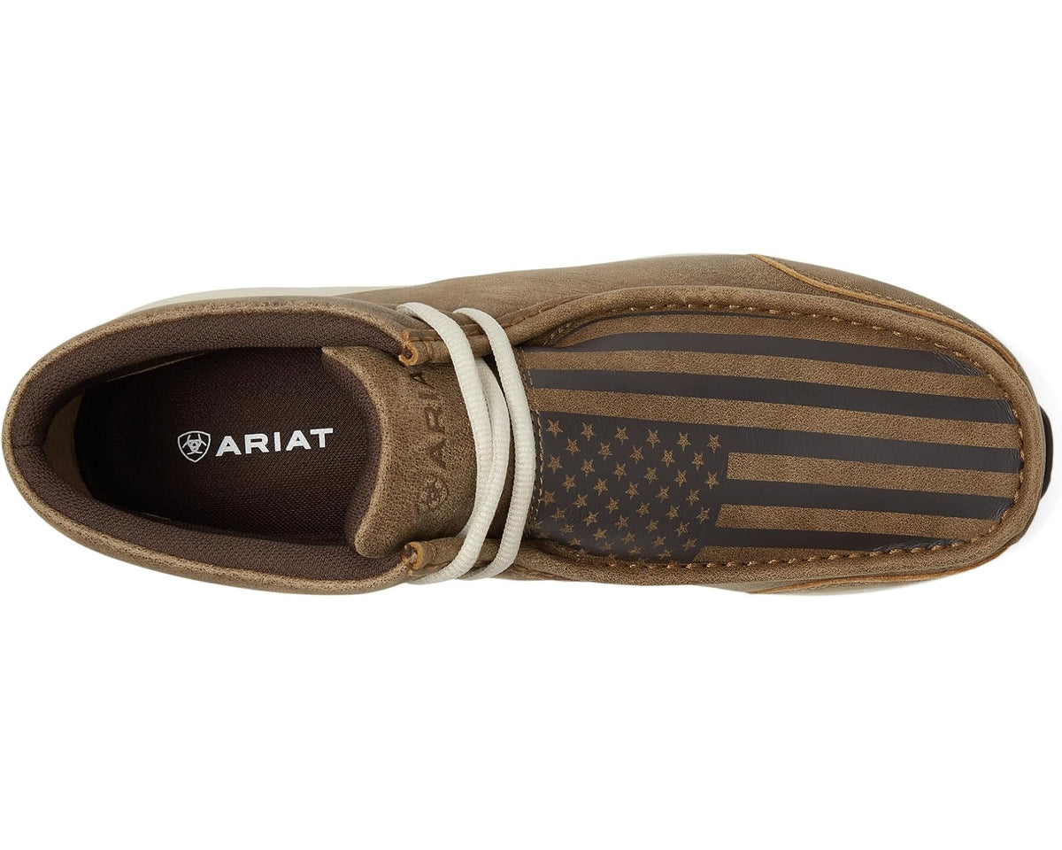 Men's suede chukka boot side view with American flag stripe stars, lace-up