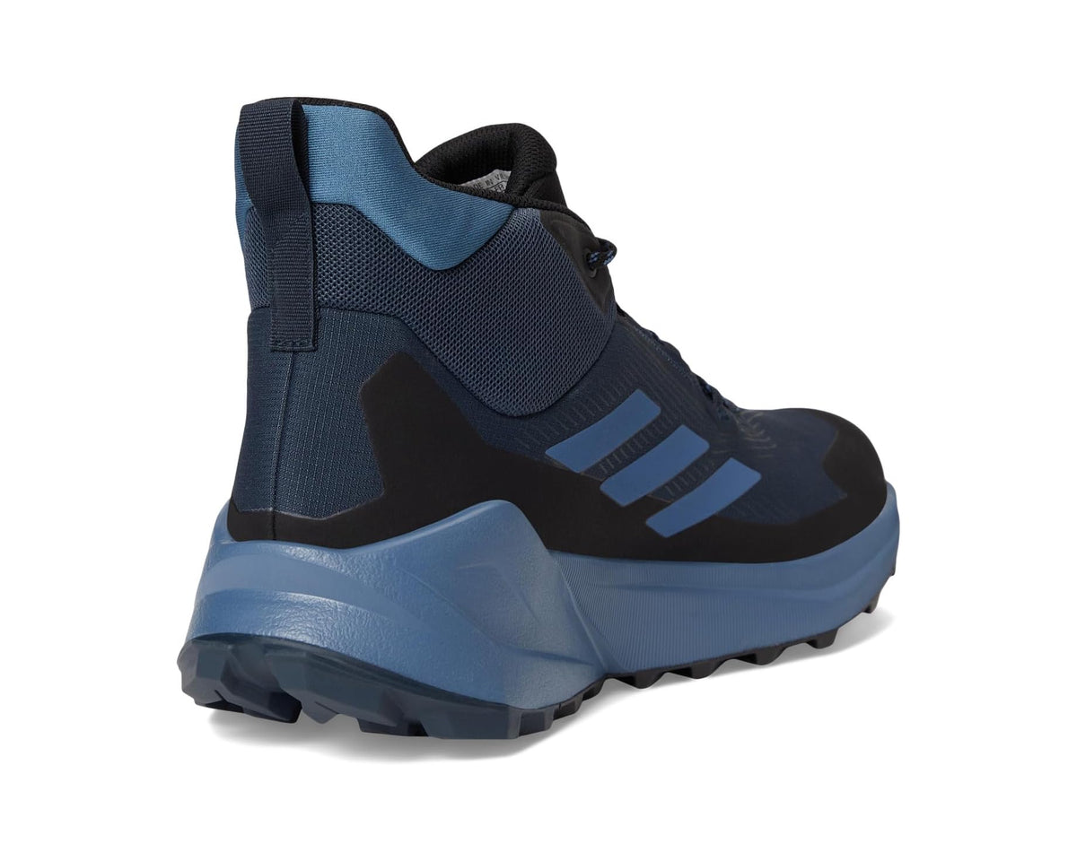 Men's adidas Terrex mid hiking shoes, heel and side view, navy/blue with black overlays