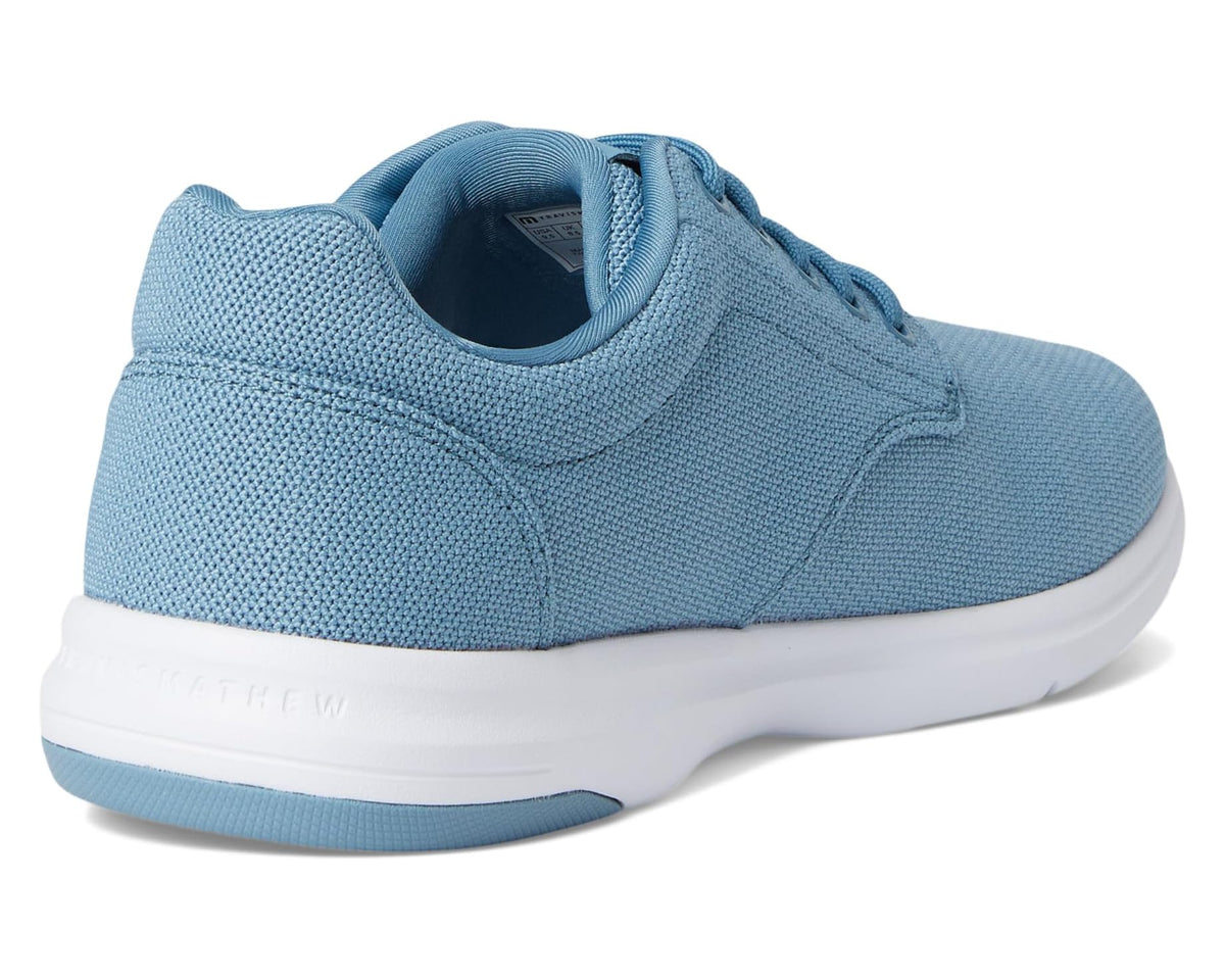 Men's blue knit sneakers, heel view with white sole and blue collar lining