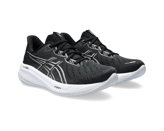 Men's ASICS running shoes in black mesh with white midsole and lace-up closure