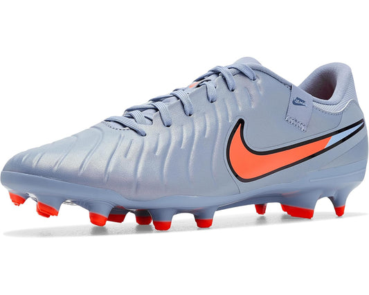 Men's Nike Legend 10 soccer cleats, light blue with orange swoosh and red studs
