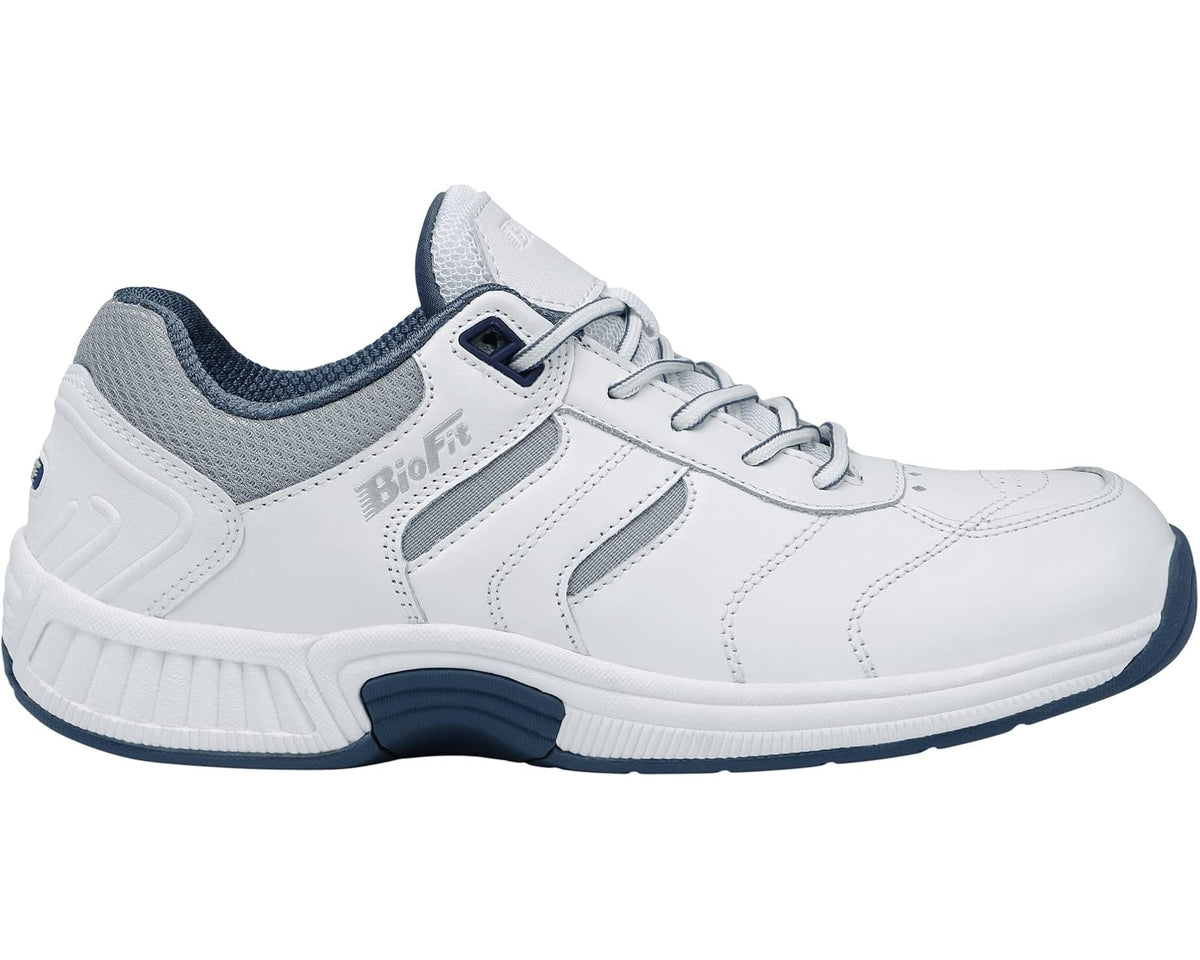 Men's Orthofeet Pacific Palisades white lace-up sneakers with gray overlays and blue collar