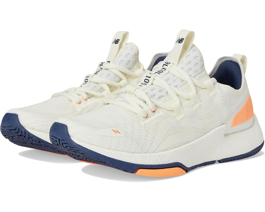 Men's New Balance FuelCell Trainer V2 cream mesh runner, navy sole, orange accents