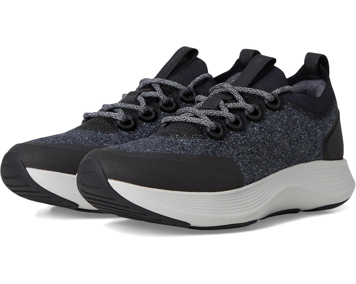 Dark grey speckled lace-up wool sneakers with black toe cap and white cushioned sole