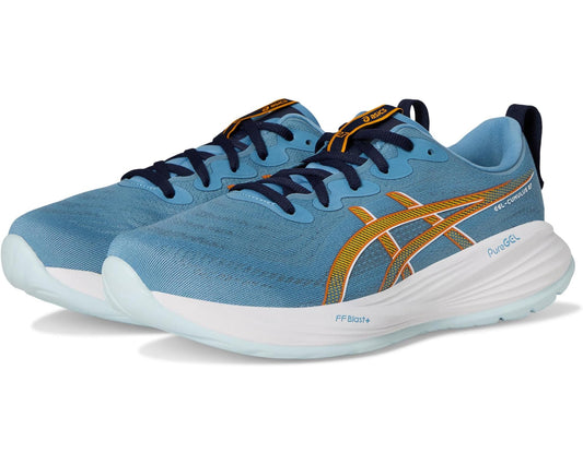 Men's blue running sneakers with white sole, orange ASICS stripe and lace-up design