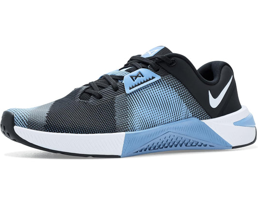Men's Nike Metcon 10 training shoe in black, light blue, and white with lace overlay