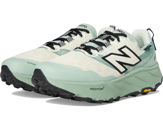 Men's trail running shoe, light green and off-white with black laces and side N logo