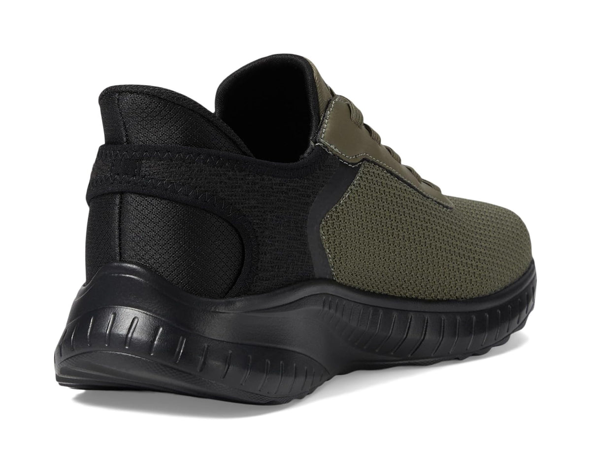 Men's olive knit slip-on sneakers with black heel tab and cushioned collar