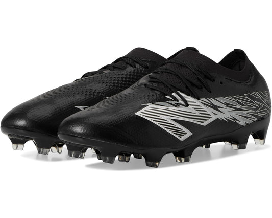 Black soccer cleats with metallic silver and white logo graphics, FG studs.