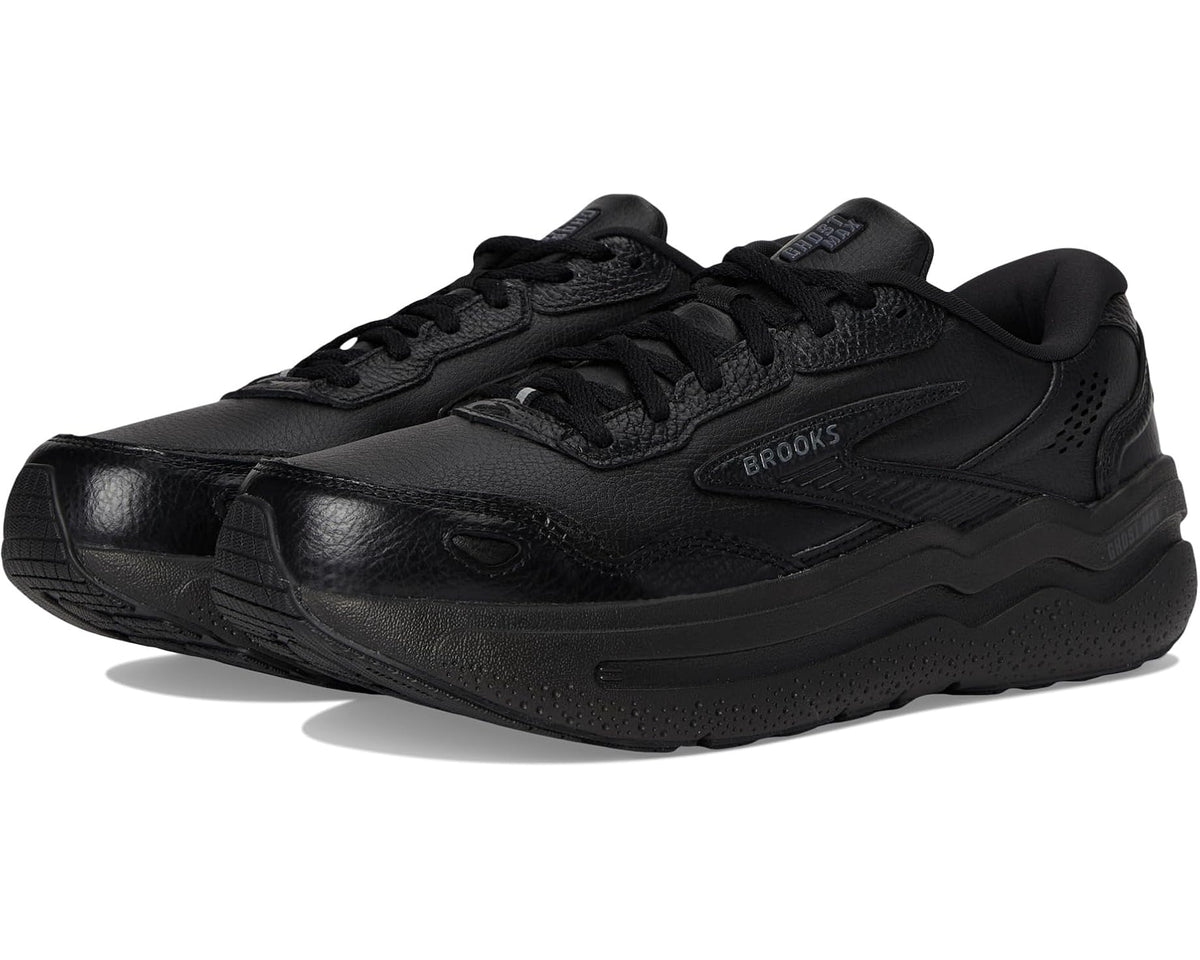 Men's Brooks Ghost Max leather running shoes, black with lace-up front and side logo